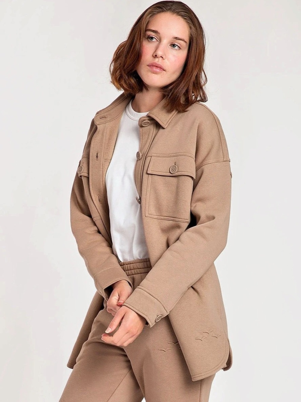LAZYPANTS Fleece Shacket in Camel